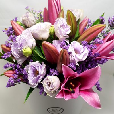 Mixed Lisianthus & Lilies Hat Box